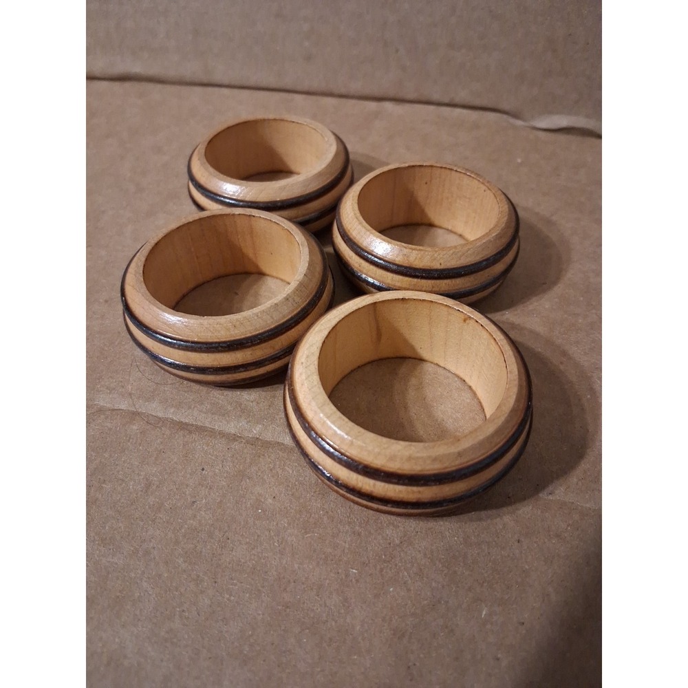 4 Wooden Napkin Rings Vintage Danish MCM Grooved Farmhouse Simple Rustic #25